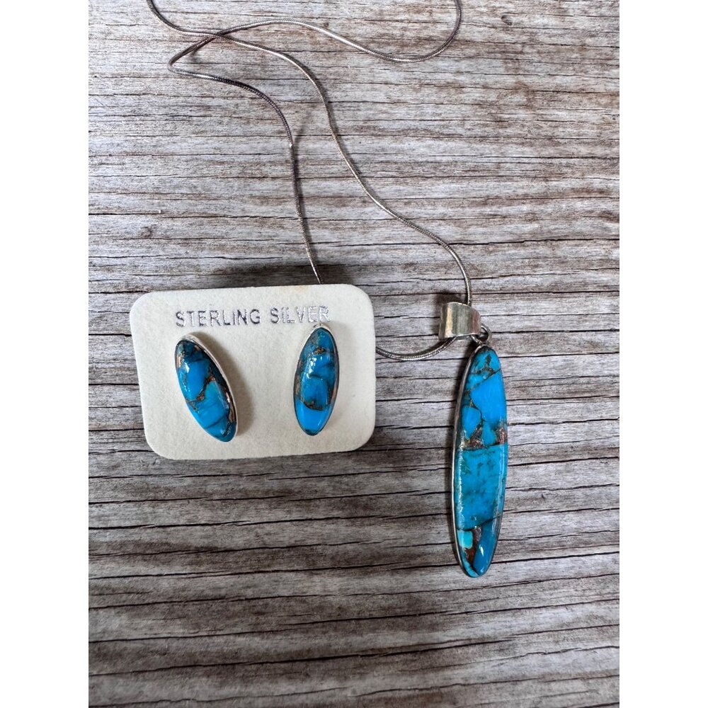Sterling Silver Pendant Necklace And Matching Earrings Set Blue Turquoise 11.6G